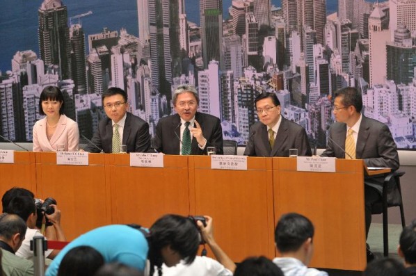 Financial Secretary John Tsang (Center) at Central Government Offices.